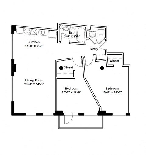 Floor plan for 2 beds, 1 bath, 1152 sqft
